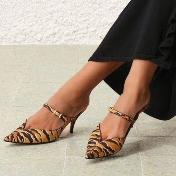 Zimmermann Black‎ and Gold Pointed Toe Mules Tiger Print...